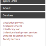 screenshot of library website showing location of Circulation Services menu