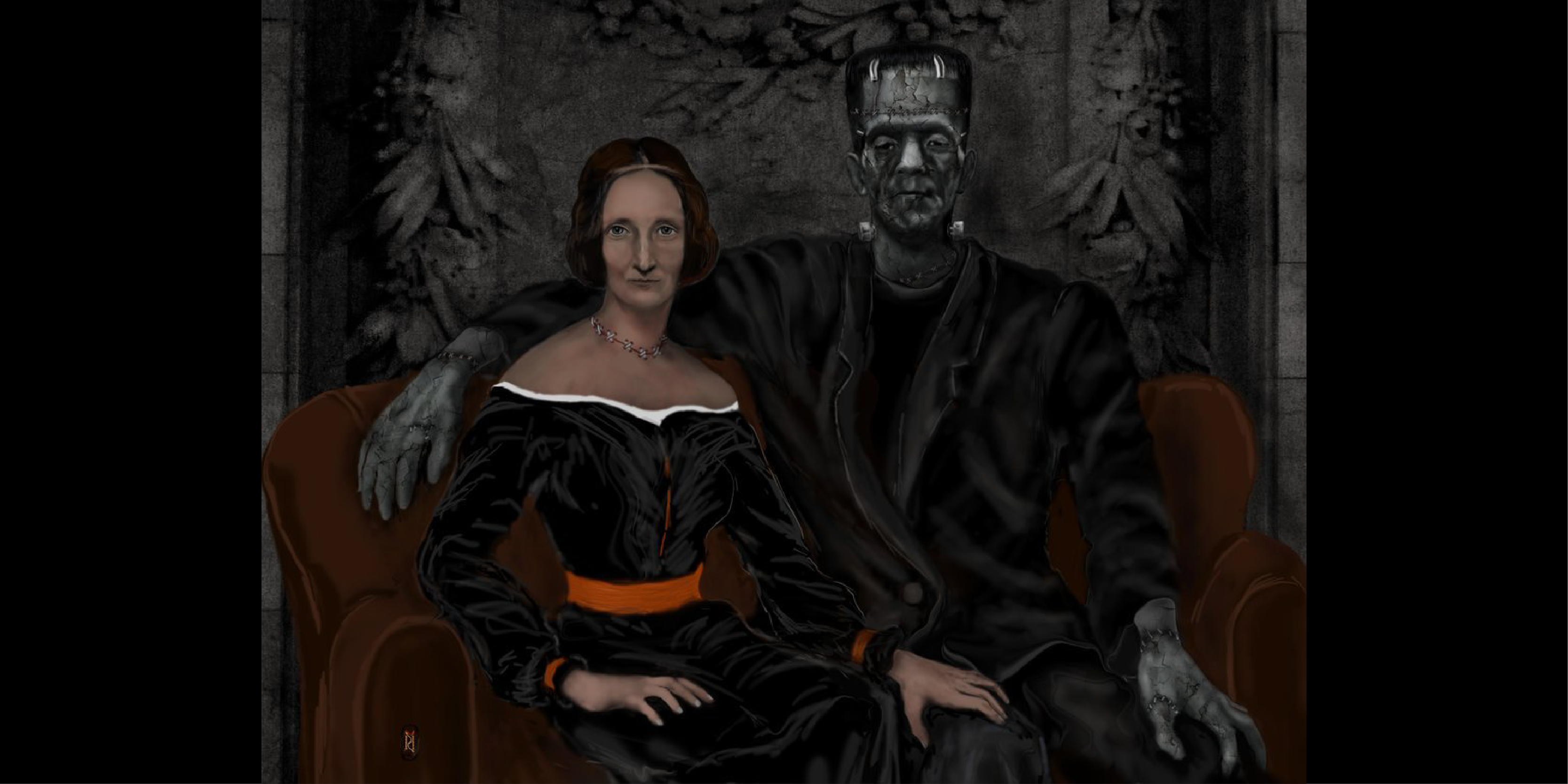 art of Mary Shelley and Frankenstein's Monster sitting together like a couple