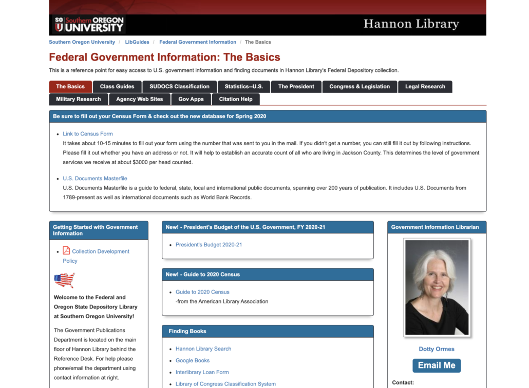 The image is a screenshot of the Hannon Library Federal Government Information LibGuide. A photo of the Governement Information Librarian, Dotty Ormes, is shown on the right. 