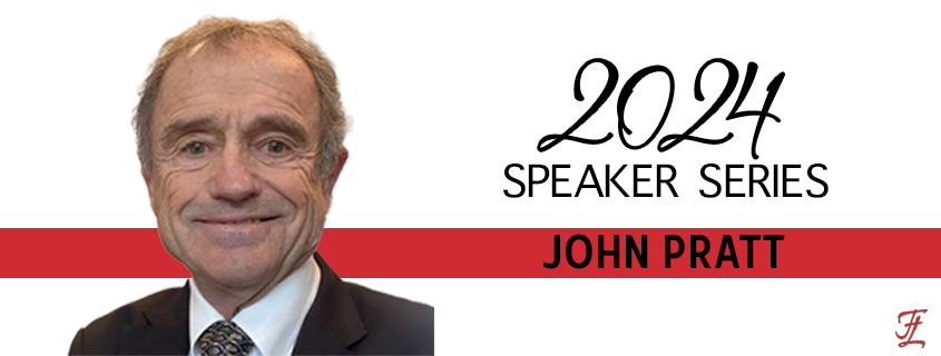 image of man in a suit with logo of 2024 speaker series