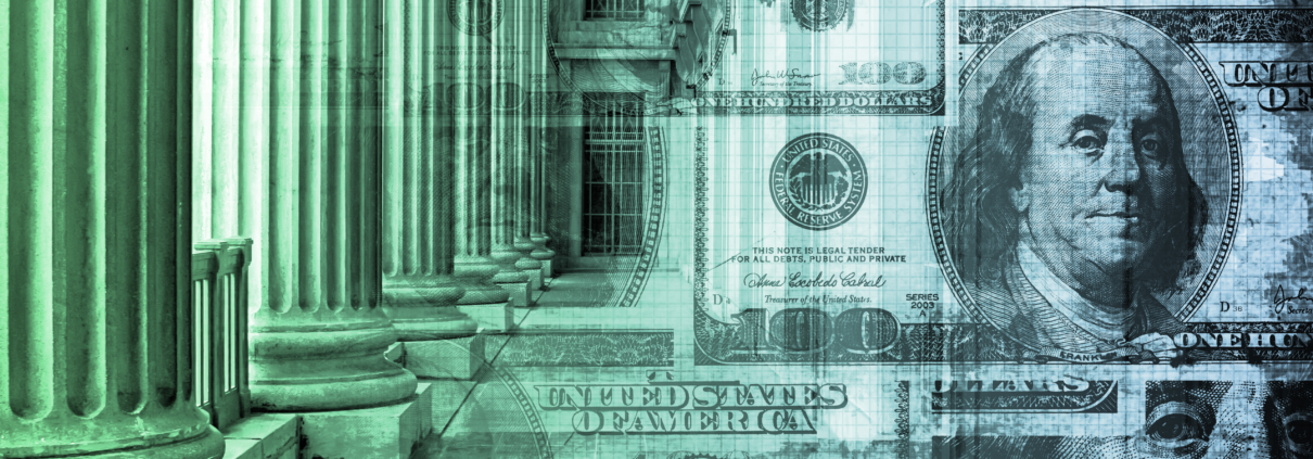 A government building fading into set of 100-dollar bills