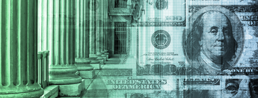 A government building fading into set of 100-dollar bills